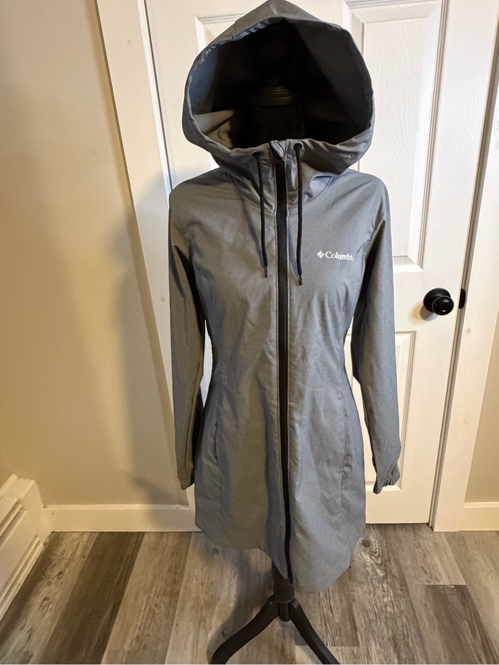 Columbia Gray Hooded Long Softshell Rain Jacket Coat XK0547 Small